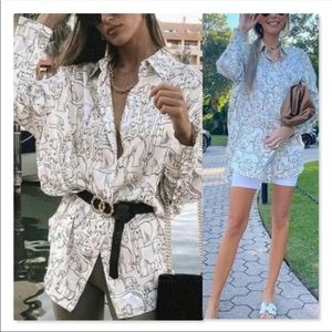 Zara Oversized Tunic Top Sz S Elephant Print Cream White